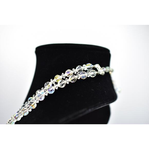Vintage Aurora Borealis Crystal Double Strand Beaded Collar Necklace Shiny BinA - Picture 6 of 12